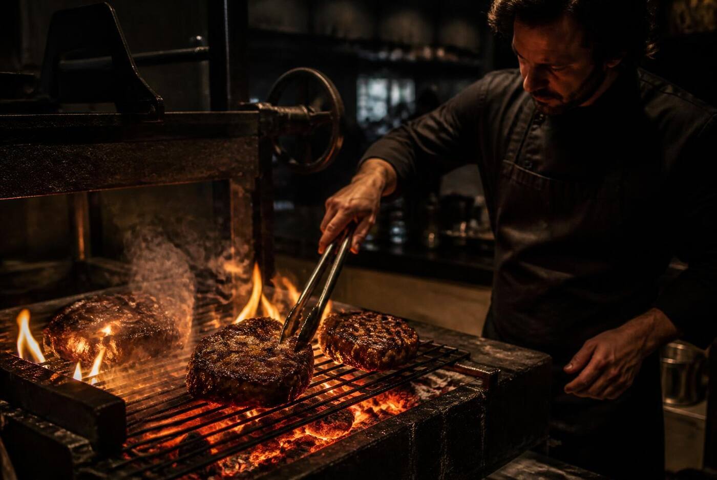 A chef turning steaks over the bespoke live charcoal grill, flames and embers below